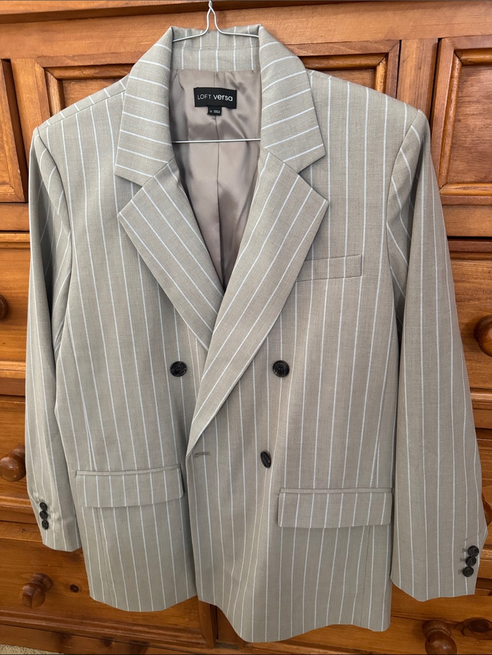 LOFT Double-Breasted Pinstripe Blazer in Light Gray
